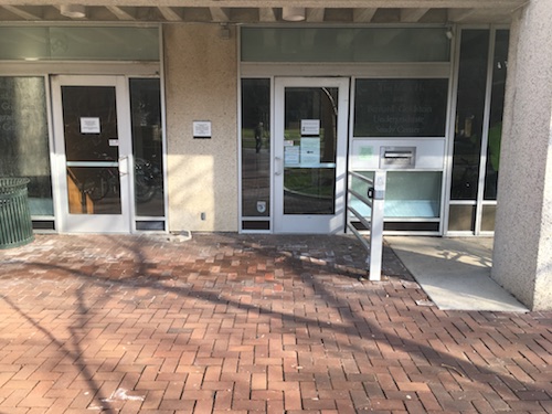 The accessible entrance to Van Pelt Library with an automatic door